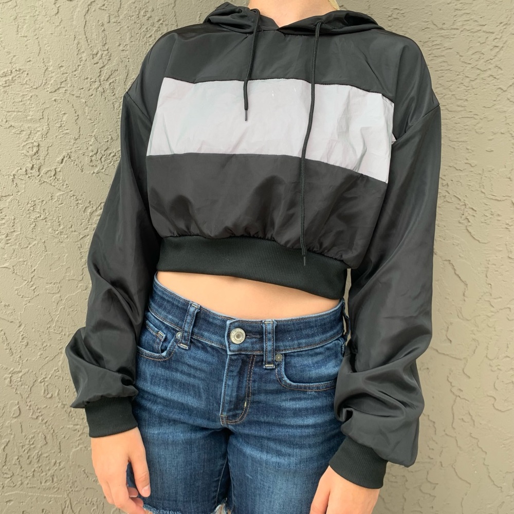 Black and Silver Cropped Windbreaker Hoodie